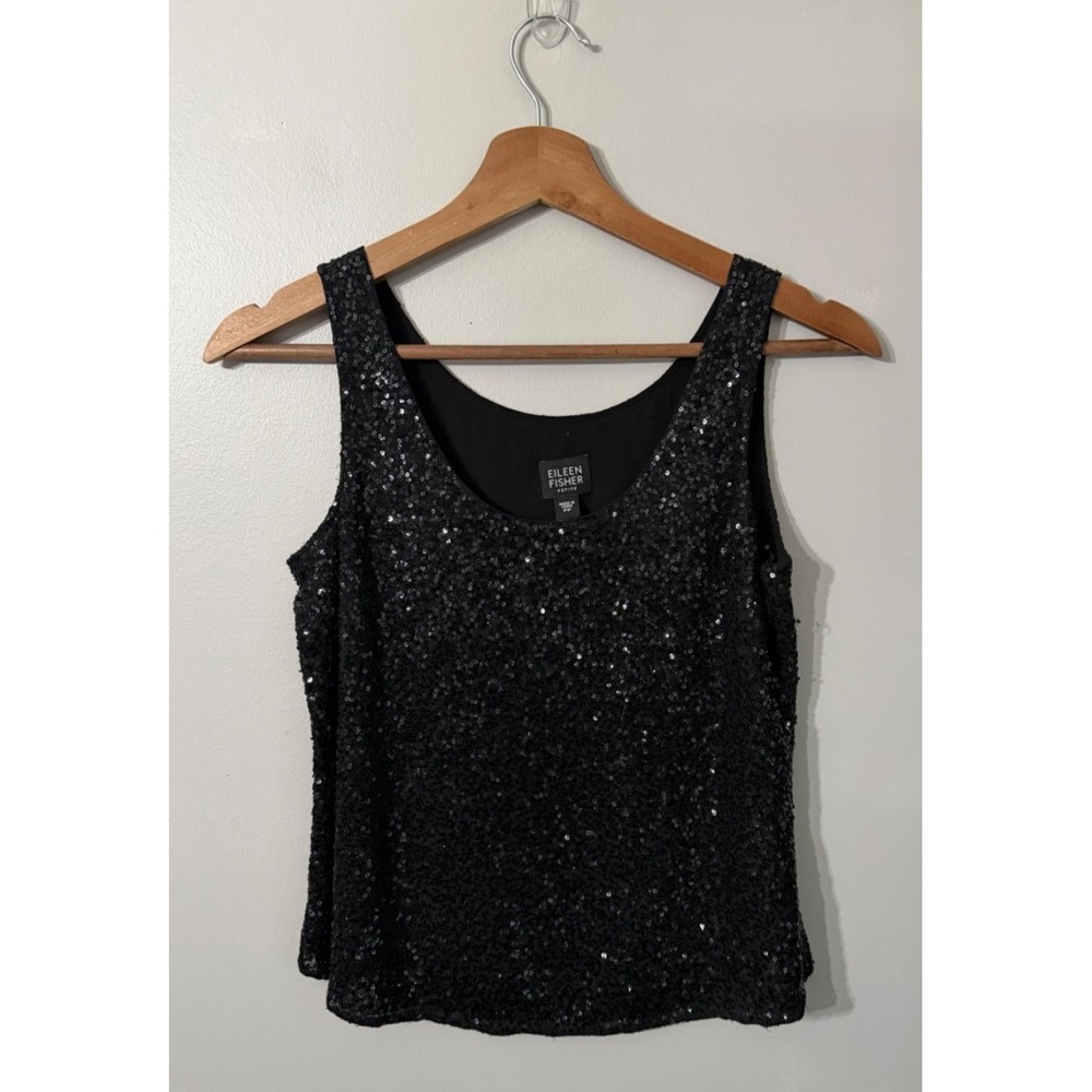 Eileen Fisher Black 100% Silk Sequin Tank Top Size PP (P2-P4) Holiday Party NYE - Picture 1 of 7
